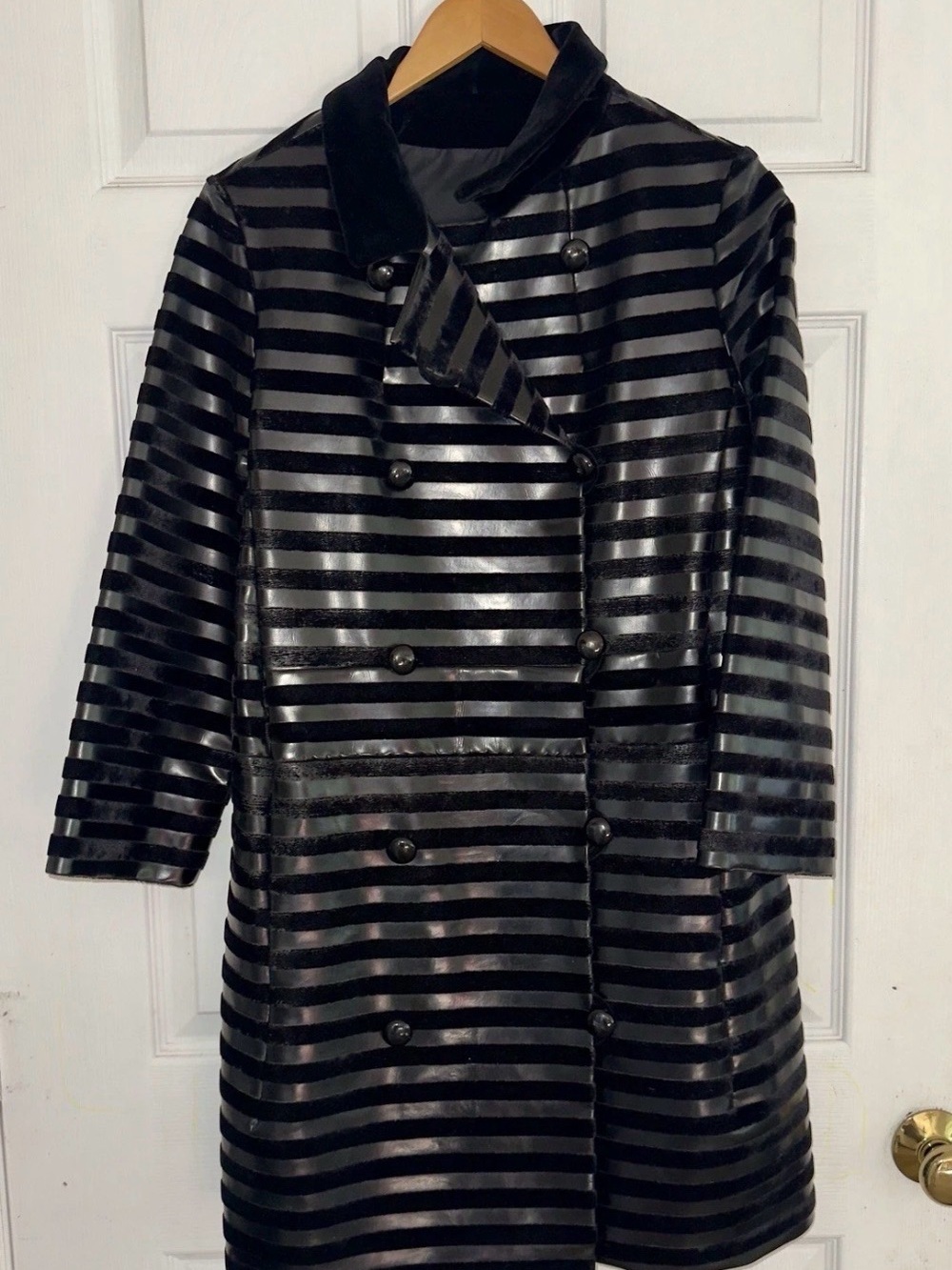 Vintage Black Striped Faux Leather Coat - Women's Jacket